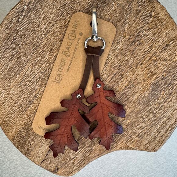 Leather Autumn Fall Purse Charm Oak Leaf Bag Charm Genuine Leather Keychain - Picture 6 of 8